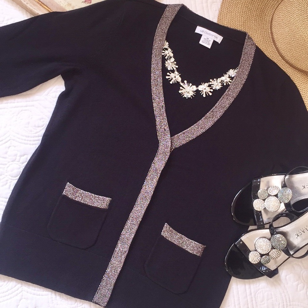 Liz Claiborne Embellished Black Cardigan Sweater Medium